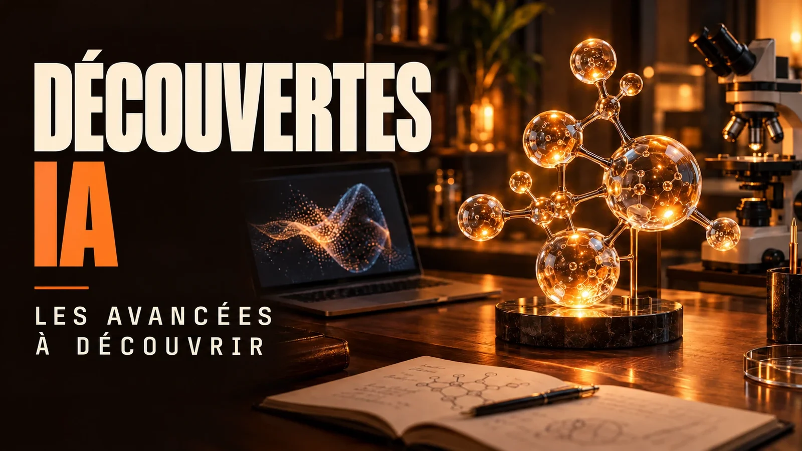 Découvertes IA, les avancées à découvrir : modèle moléculaire en verre illuminé, microscope et carnet de formules sur un bureau de laboratoire