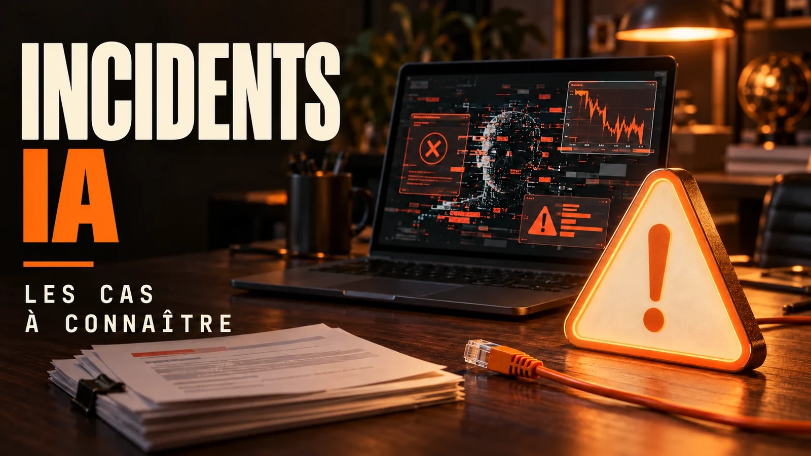 Incidents IA, les cas à connaître : panneau d'alerte orange allumé devant un ordinateur portable qui affiche des erreurs, sur un bureau dans la pénombre